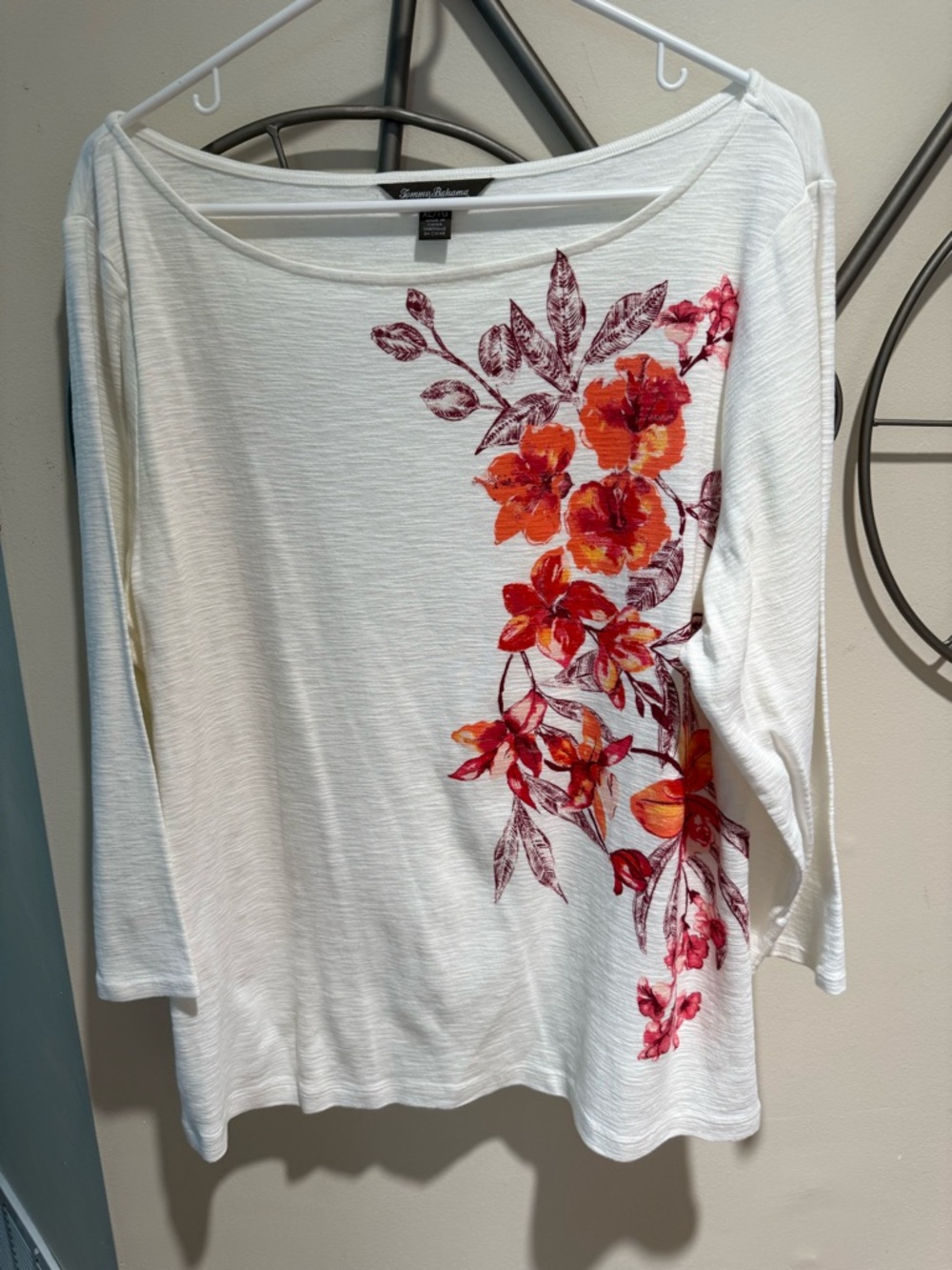 Tommy Bahama White Floral-Print Boatneck Top 100% Cotton Size XL
